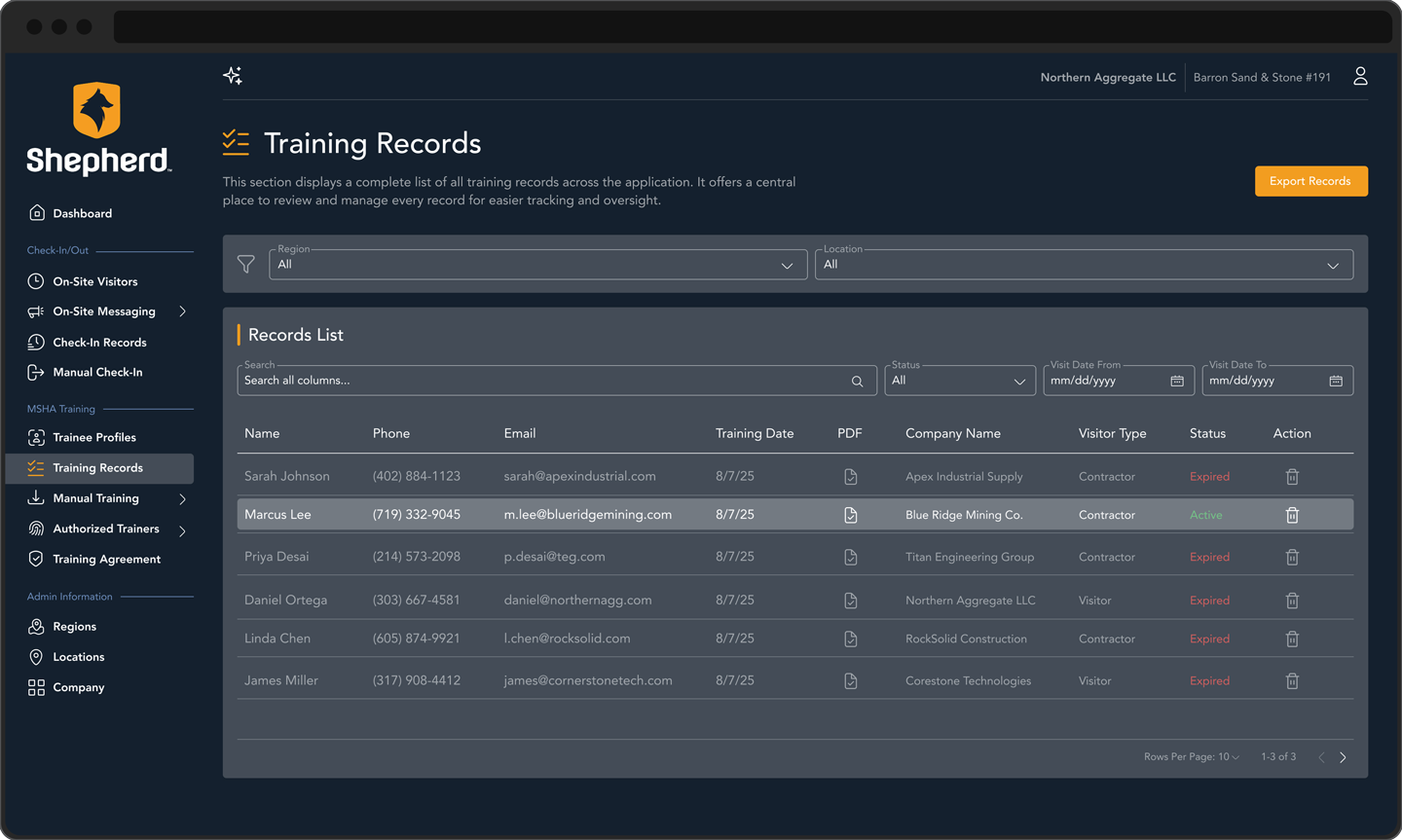 Training Records screen grab